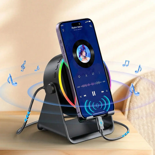 Wireless Induction Audio Speaker Stand, 5In1 Cellphone Holder, 3500Mah Rechargeable Emergency Power Bank,360° Adjustable Mobile Tablet Stand with Colorful Ambient Light Gifts for Men Women