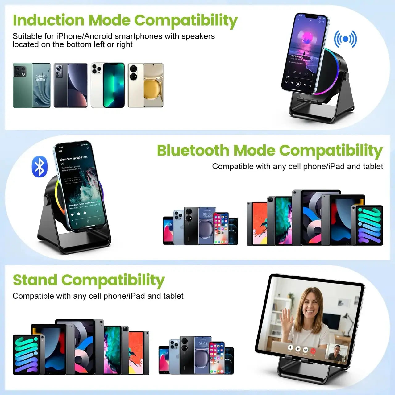 Wireless Induction Audio Speaker Stand, 5In1 Cellphone Holder, 3500Mah Rechargeable Emergency Power Bank,360° Adjustable Mobile Tablet Stand with Colorful Ambient Light Gifts for Men Women