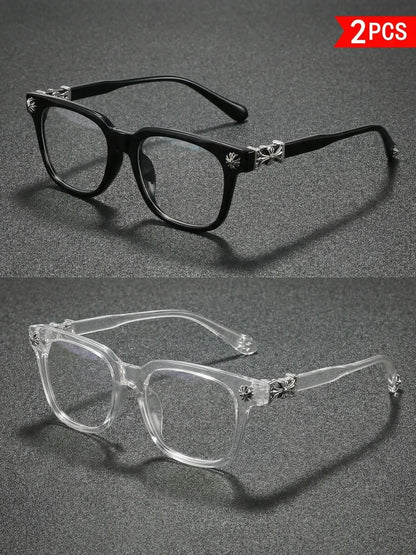 Fashion Square Frame Blue Light Glasses, Cross Flower Rivet Design, Ultra-Light Frame, Retro Street Style, Unisex Computer Phone Eyeglasses, Fashionable Frames Glasses