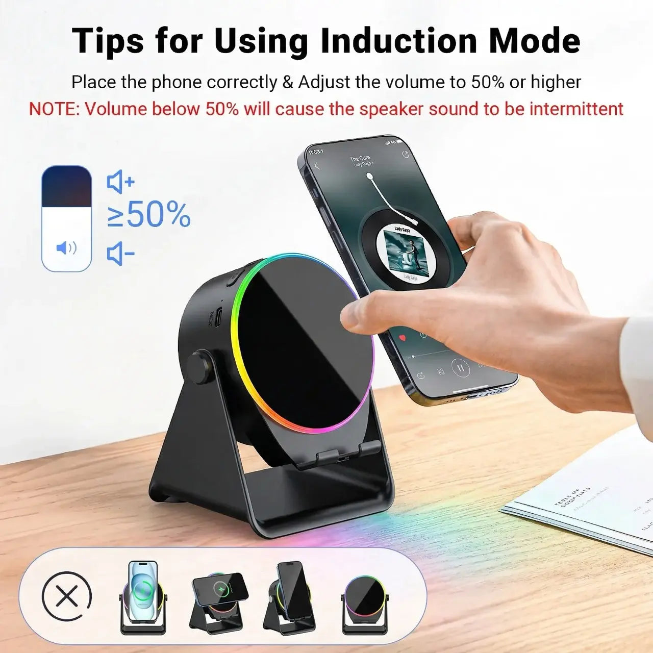 Wireless Induction Audio Speaker Stand, 5In1 Cellphone Holder, 3500Mah Rechargeable Emergency Power Bank,360° Adjustable Mobile Tablet Stand with Colorful Ambient Light Gifts for Men Women