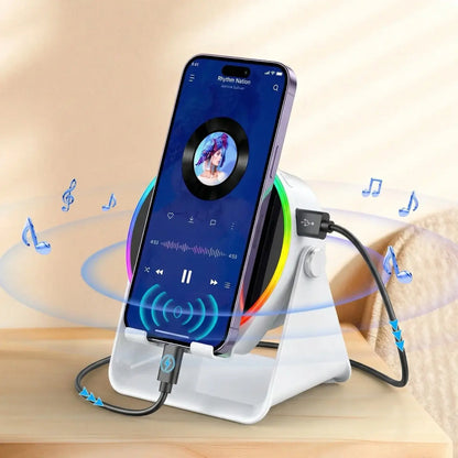 Wireless Induction Audio Speaker Stand, 5In1 Cellphone Holder, 3500Mah Rechargeable Emergency Power Bank,360° Adjustable Mobile Tablet Stand with Colorful Ambient Light Gifts for Men Women