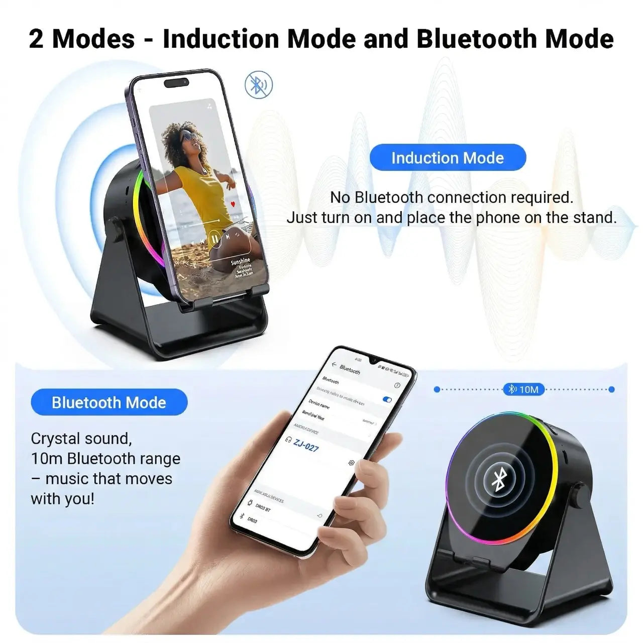 Wireless Induction Audio Speaker Stand, 5In1 Cellphone Holder, 3500Mah Rechargeable Emergency Power Bank,360° Adjustable Mobile Tablet Stand with Colorful Ambient Light Gifts for Men Women
