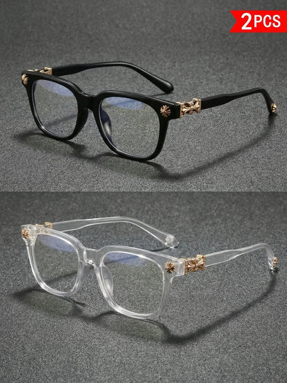 Fashion Square Frame Blue Light Glasses, Cross Flower Rivet Design, Ultra-Light Frame, Retro Street Style, Unisex Computer Phone Eyeglasses, Fashionable Frames Glasses