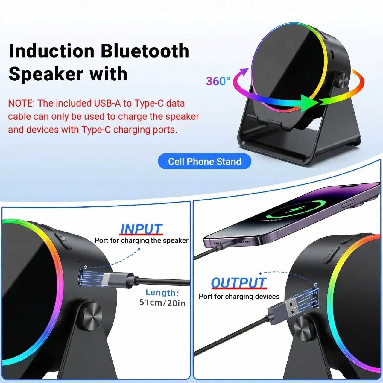 Wireless Induction Audio Speaker Stand, 5In1 Cellphone Holder, 3500Mah Rechargeable Emergency Power Bank,360° Adjustable Mobile Tablet Stand with Colorful Ambient Light Gifts for Men Women