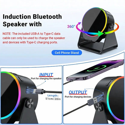 Wireless Induction Audio Speaker Stand, 5In1 Cellphone Holder, 3500Mah Rechargeable Emergency Power Bank,360° Adjustable Mobile Tablet Stand with Colorful Ambient Light Gifts for Men Women